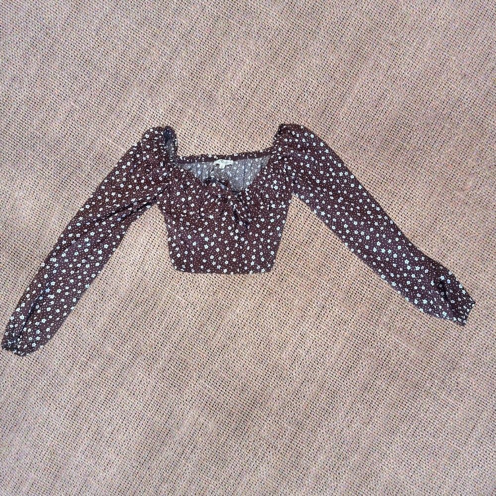NWT L.A. Hearts-PacSun Cold Shoulder Floral Crop Top Brown/White Small - Picture 9 of 11